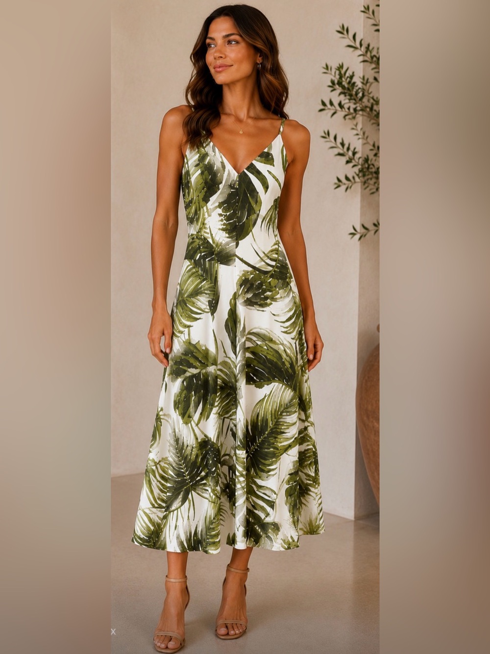 Green Palm Print Spaghetti Strap Maxi Dress small